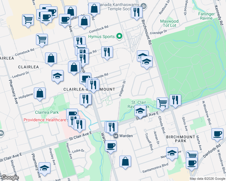 map of restaurants, bars, coffee shops, grocery stores, and more near 11 Winkler Terrace in Toronto