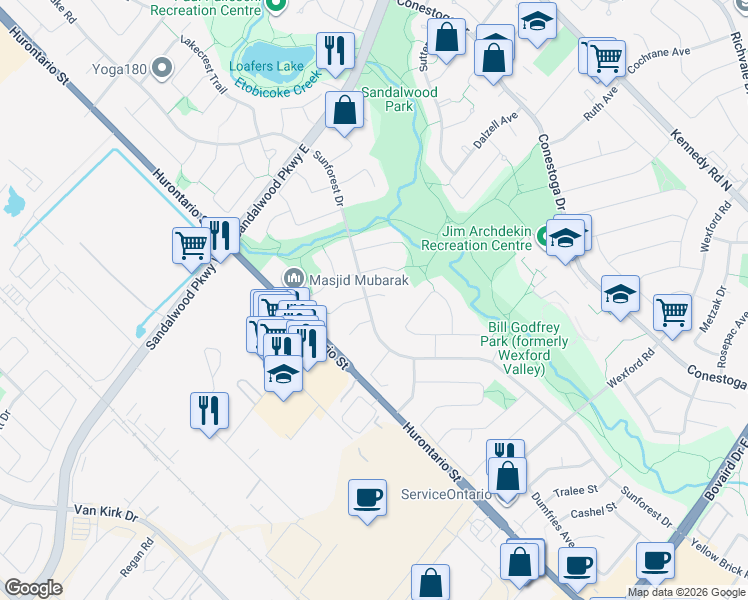 map of restaurants, bars, coffee shops, grocery stores, and more near 185 Sunforest Drive in Brampton