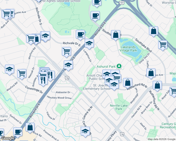 map of restaurants, bars, coffee shops, grocery stores, and more near 22 Simmons Boulevard in Brampton