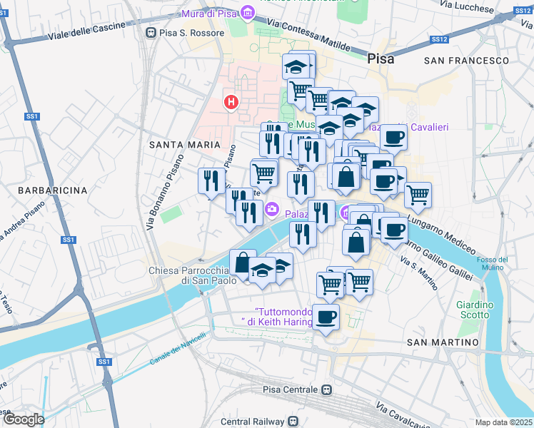 map of restaurants, bars, coffee shops, grocery stores, and more near 3 Piazza Solferino in Pisa