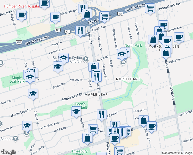 map of restaurants, bars, coffee shops, grocery stores, and more near 2548 Keele Street in Toronto