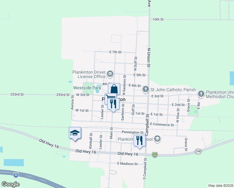 map of restaurants, bars, coffee shops, grocery stores, and more near 1041 3rd Street in Plankinton