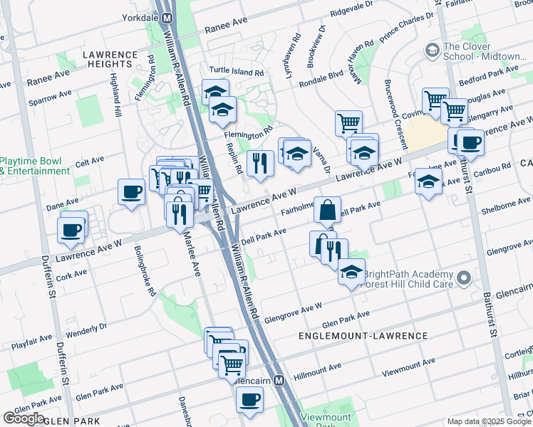 map of restaurants, bars, coffee shops, grocery stores, and more near 138 Fairholme Avenue in Toronto
