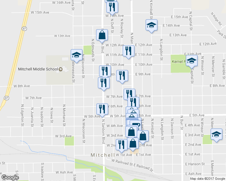 map of restaurants, bars, coffee shops, grocery stores, and more near 714 North Duff Street in Mitchell