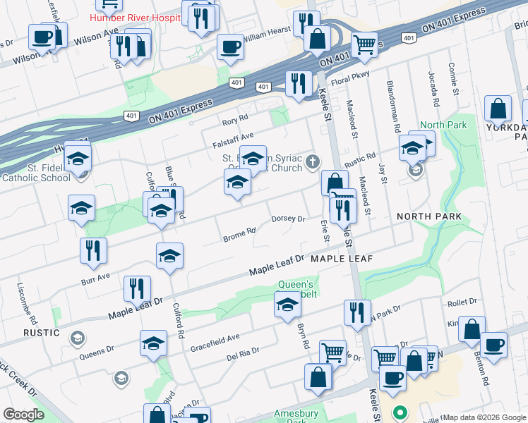 map of restaurants, bars, coffee shops, grocery stores, and more near 6 Crioline Road in Toronto