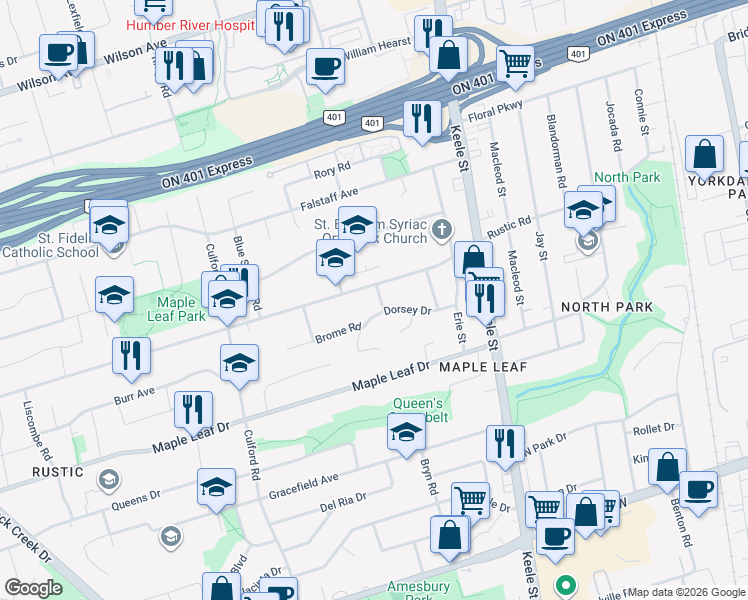 map of restaurants, bars, coffee shops, grocery stores, and more near in Toronto