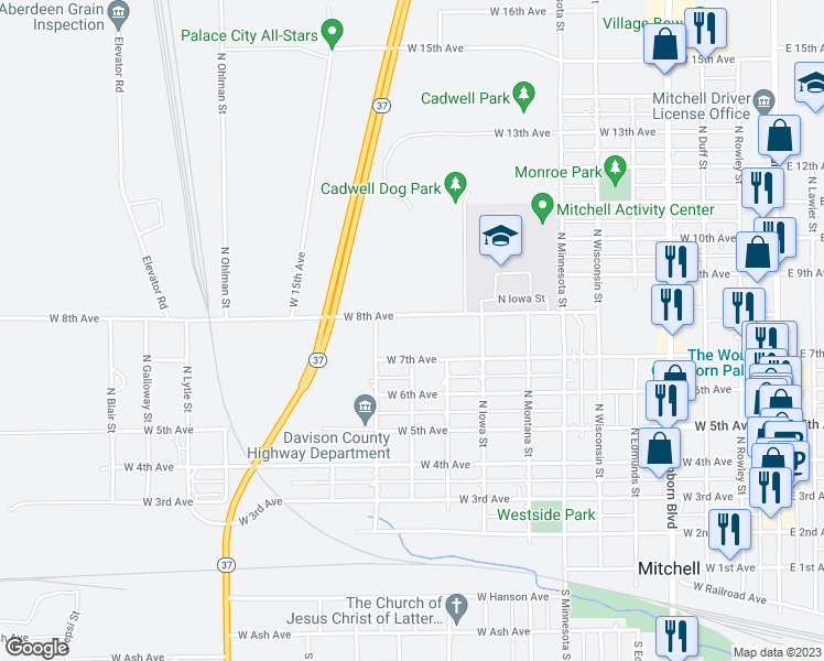 map of restaurants, bars, coffee shops, grocery stores, and more near 1017 West 8th Avenue in Mitchell