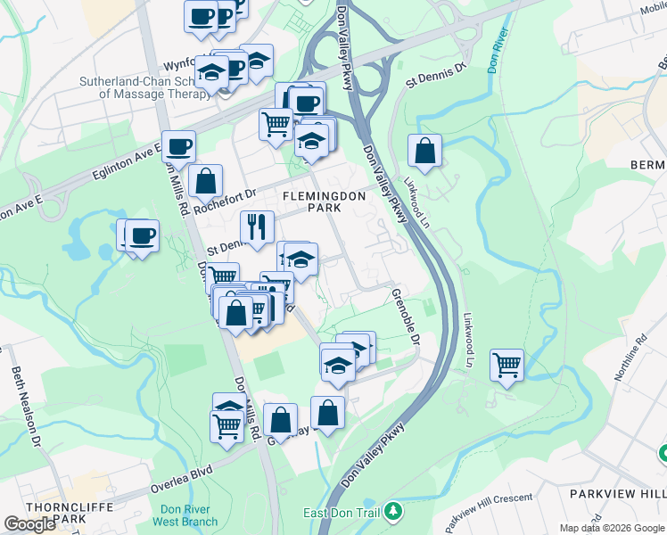map of restaurants, bars, coffee shops, grocery stores, and more near 45 Grenoble Drive in Toronto