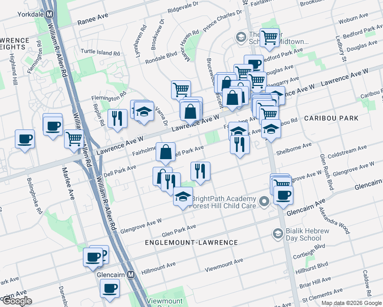 map of restaurants, bars, coffee shops, grocery stores, and more near 77 Dell Park Avenue in Toronto