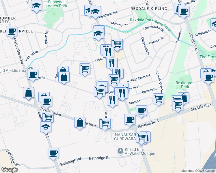 map of restaurants, bars, coffee shops, grocery stores, and more near in Toronto