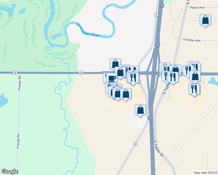 map of restaurants, bars, coffee shops, grocery stores, and more near 4085 Highway 28 in Sheboygan Falls
