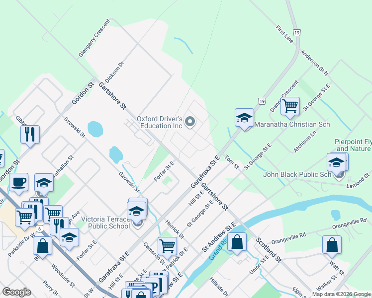 map of restaurants, bars, coffee shops, grocery stores, and more near 13 Middleton Ave in Fergus