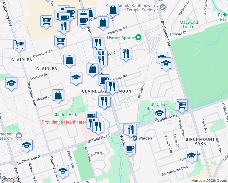 map of restaurants, bars, coffee shops, grocery stores, and more near 60 Mendelssohn Street in Toronto