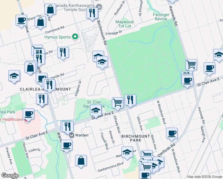 map of restaurants, bars, coffee shops, grocery stores, and more near 55 Anaconda Avenue in Toronto