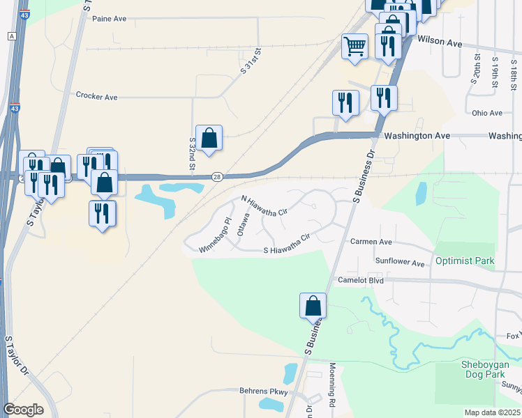 map of restaurants, bars, coffee shops, grocery stores, and more near 99 North Hiawatha Circle in Sheboygan