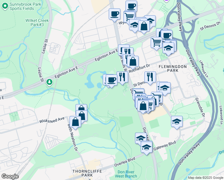 map of restaurants, bars, coffee shops, grocery stores, and more near 770 Don Mills Road in Toronto