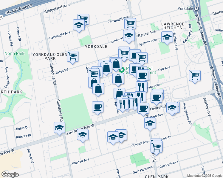 map of restaurants, bars, coffee shops, grocery stores, and more near 38 Apex Road in Toronto