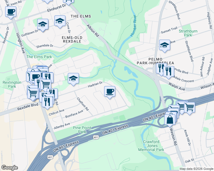 map of restaurants, bars, coffee shops, grocery stores, and more near in Toronto