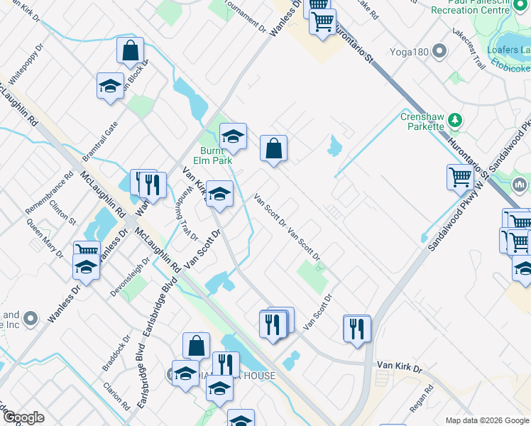 map of restaurants, bars, coffee shops, grocery stores, and more near in Brampton