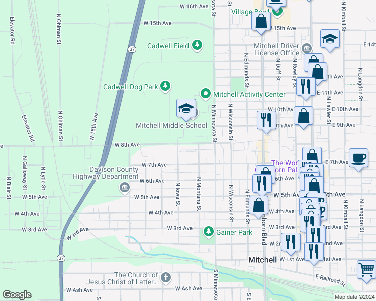 map of restaurants, bars, coffee shops, grocery stores, and more near 808 West 7th Avenue in Mitchell