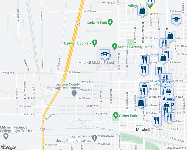 map of restaurants, bars, coffee shops, grocery stores, and more near 1011 West 8th Avenue in Mitchell