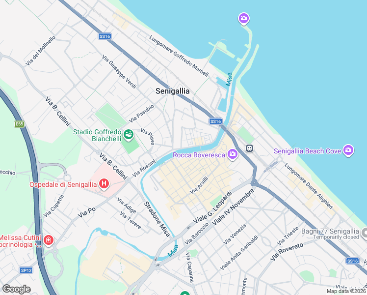 map of restaurants, bars, coffee shops, grocery stores, and more near 12 Via XX Settembre in Senigallia