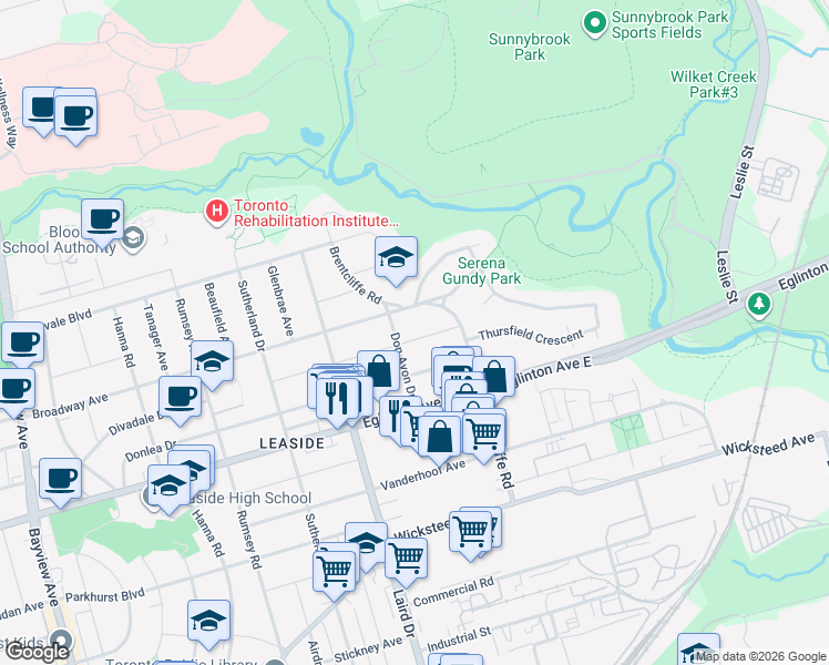 map of restaurants, bars, coffee shops, grocery stores, and more near in Toronto