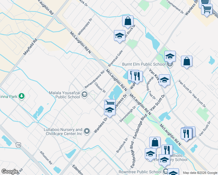 map of restaurants, bars, coffee shops, grocery stores, and more near 53 Baffin Crescent in Brampton