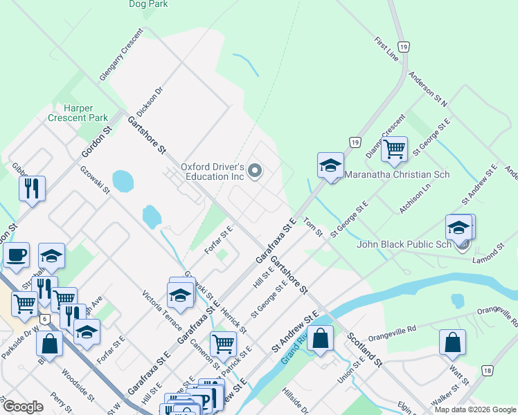 map of restaurants, bars, coffee shops, grocery stores, and more near 30 Gibbs Way in Fergus