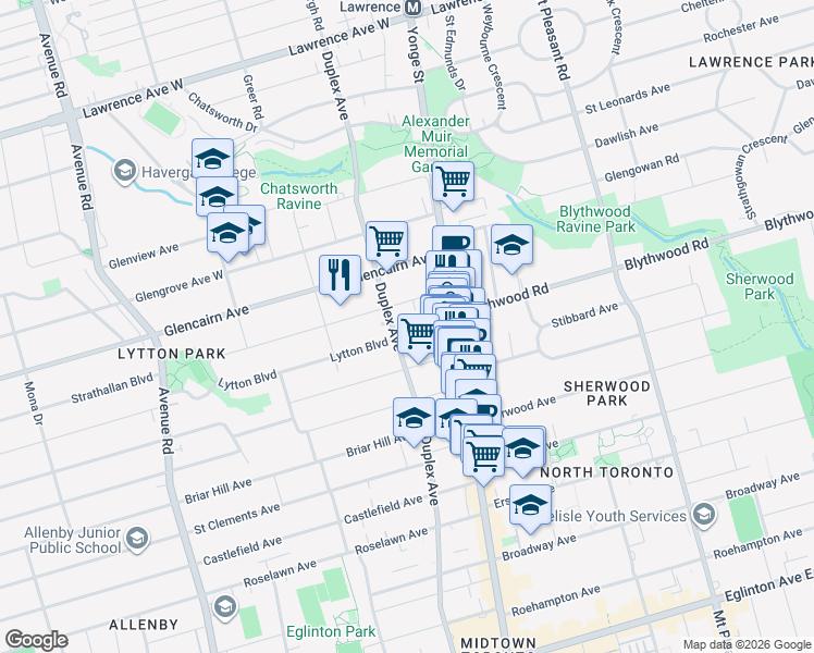 map of restaurants, bars, coffee shops, grocery stores, and more near 26 Lytton Boulevard in Toronto