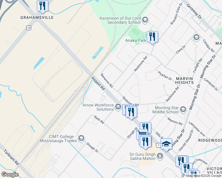 map of restaurants, bars, coffee shops, grocery stores, and more near 7636 Airport Road in Mississauga
