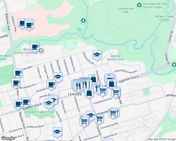 map of restaurants, bars, coffee shops, grocery stores, and more near 591 Broadway Avenue in Toronto