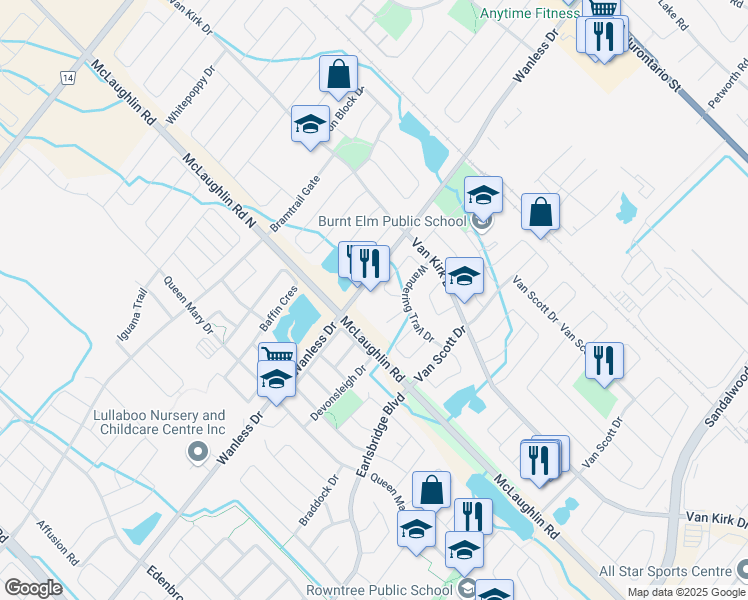 map of restaurants, bars, coffee shops, grocery stores, and more near 423 Wanless Drive in Brampton