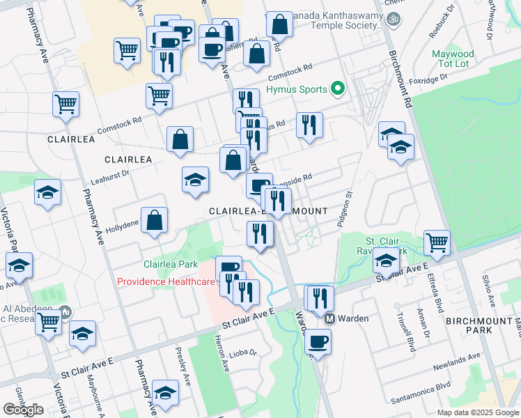 map of restaurants, bars, coffee shops, grocery stores, and more near 60 Fairfax Crescent in Toronto