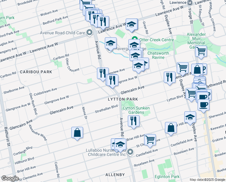 map of restaurants, bars, coffee shops, grocery stores, and more near in Toronto