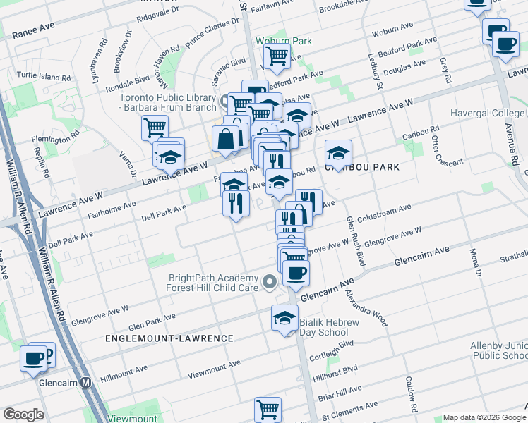 map of restaurants, bars, coffee shops, grocery stores, and more near in Toronto