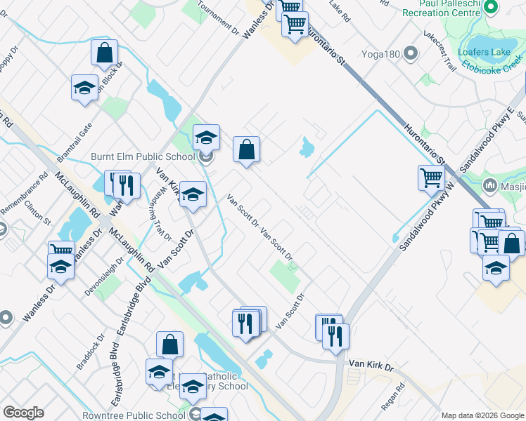 map of restaurants, bars, coffee shops, grocery stores, and more near in Brampton