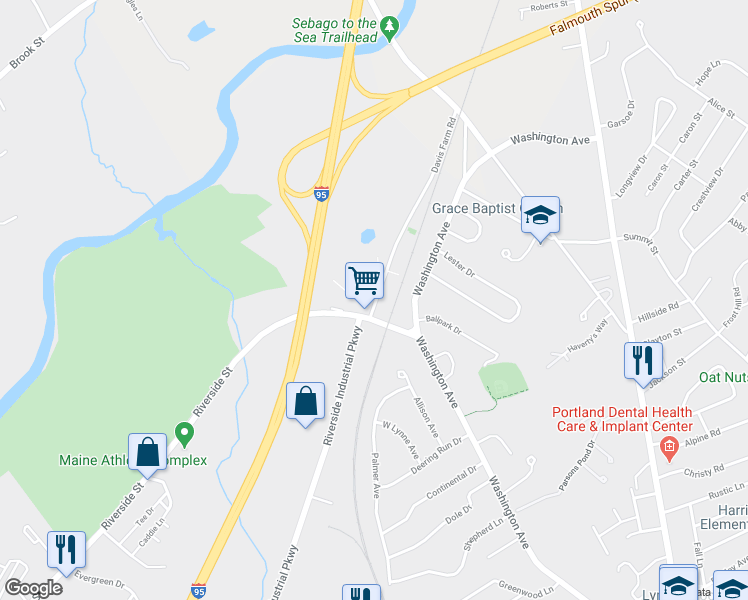 map of restaurants, bars, coffee shops, grocery stores, and more near 1 Davis Farm Rd in Portland