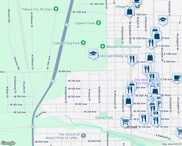 map of restaurants, bars, coffee shops, grocery stores, and more near 720 North Iowa Street in Mitchell