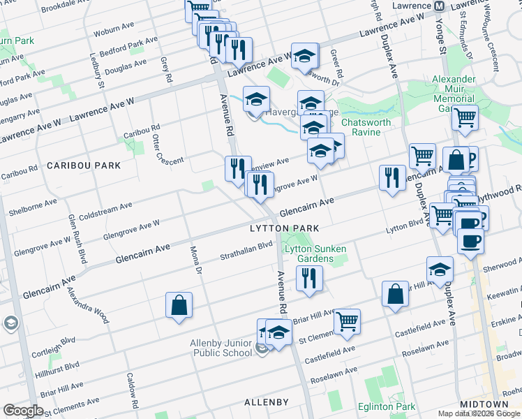 map of restaurants, bars, coffee shops, grocery stores, and more near in Toronto