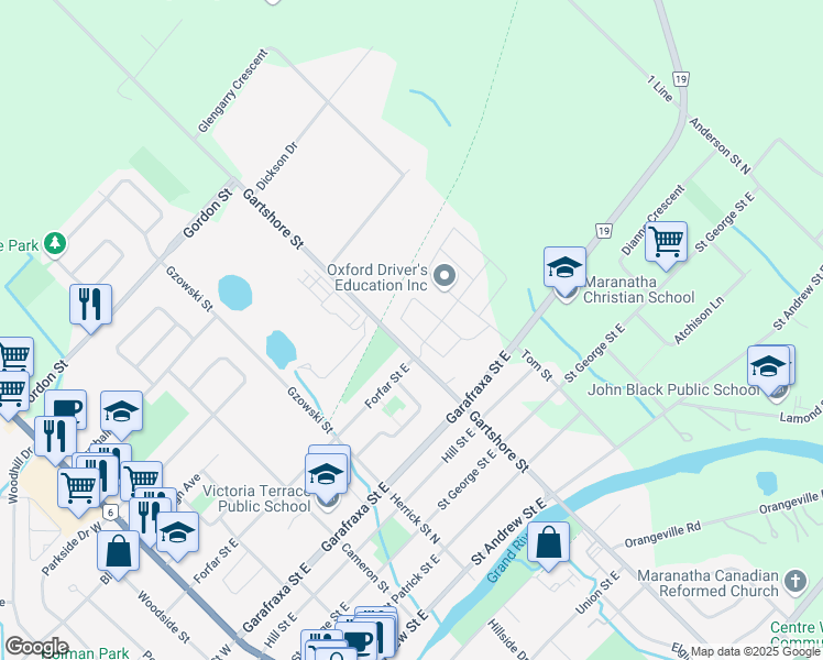 map of restaurants, bars, coffee shops, grocery stores, and more near Kay Crescent in Fergus
