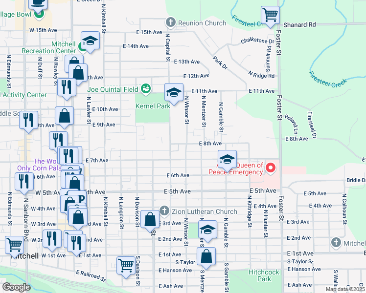 map of restaurants, bars, coffee shops, grocery stores, and more near 721 North Winsor Street in Mitchell