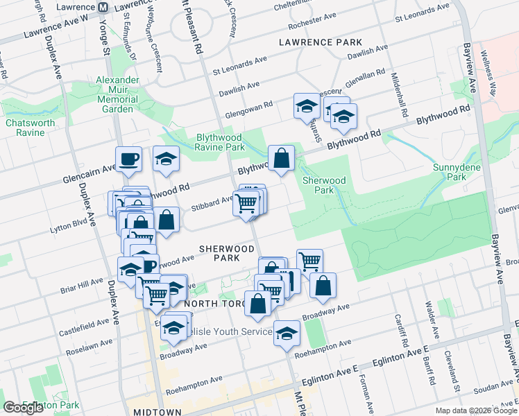 map of restaurants, bars, coffee shops, grocery stores, and more near 252 Sheldrake Boulevard in Toronto