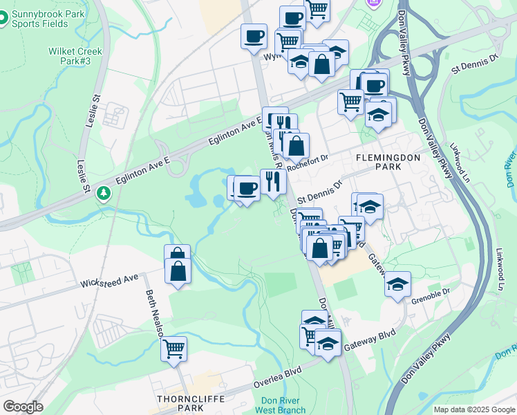 map of restaurants, bars, coffee shops, grocery stores, and more near 770 Don Mills Road in Toronto