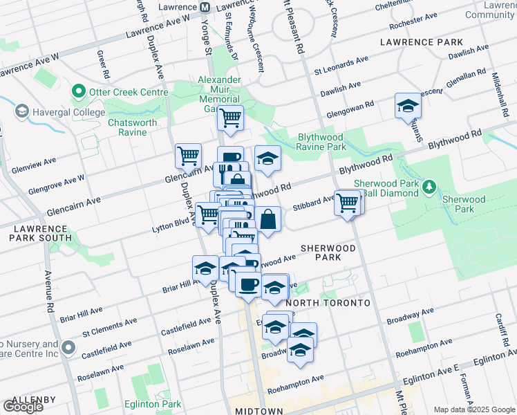 map of restaurants, bars, coffee shops, grocery stores, and more near 7 Blythwood Gardens in Toronto