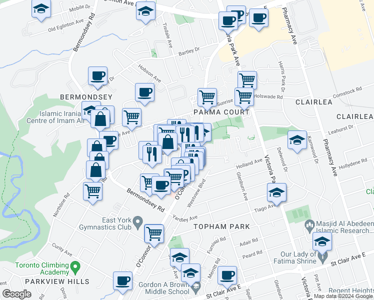 map of restaurants, bars, coffee shops, grocery stores, and more near 14 Tucker Street in Toronto