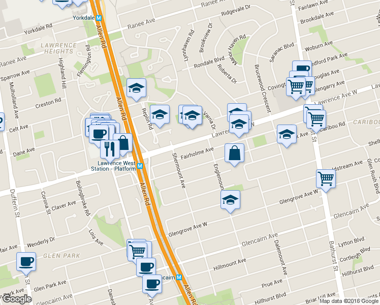 map of restaurants, bars, coffee shops, grocery stores, and more near in Toronto