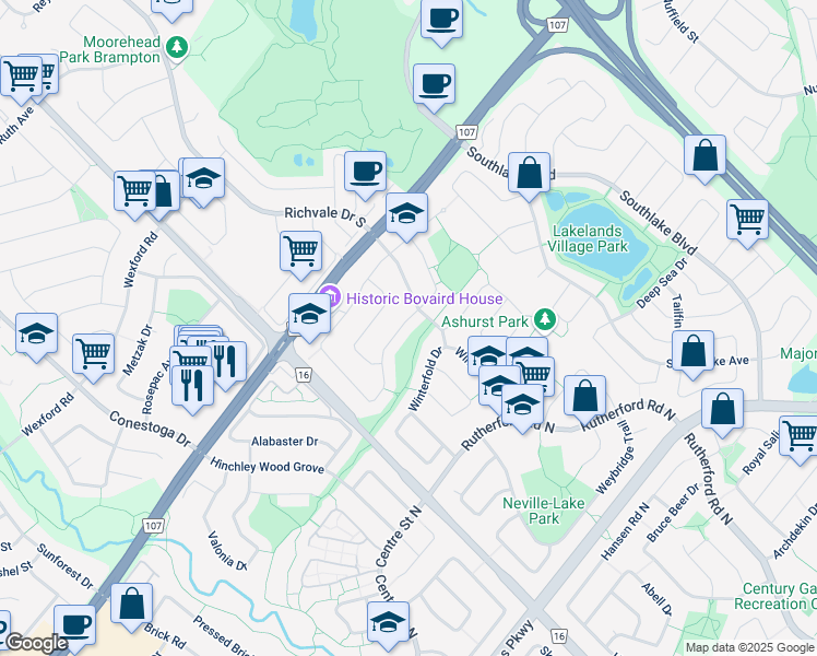 map of restaurants, bars, coffee shops, grocery stores, and more near in Brampton