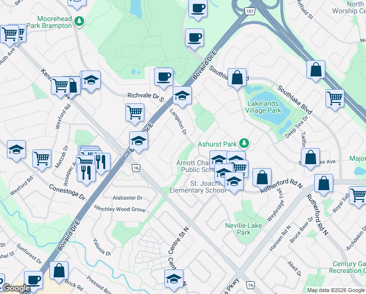 map of restaurants, bars, coffee shops, grocery stores, and more near 12 Simmons Boulevard in Brampton