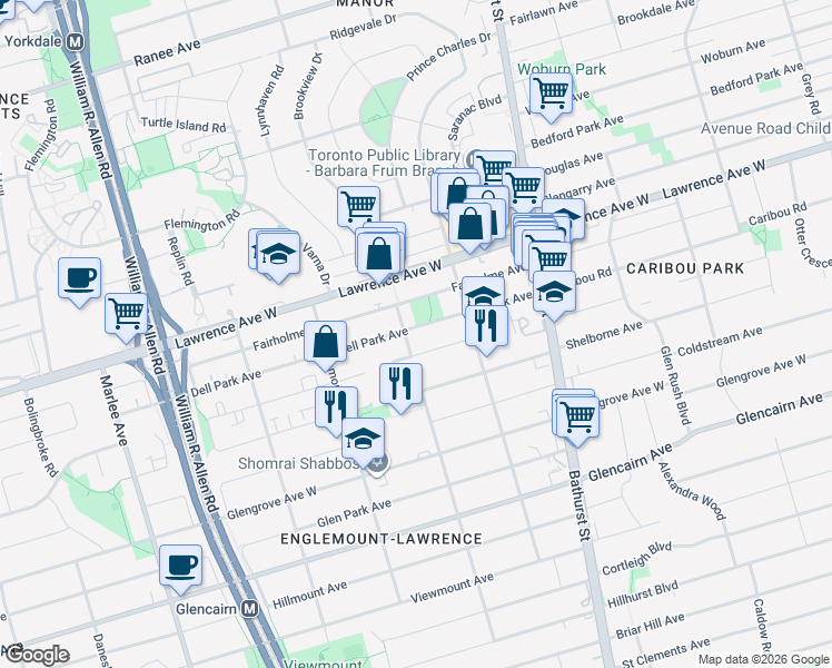 map of restaurants, bars, coffee shops, grocery stores, and more near 61 Dell Park Avenue in Toronto